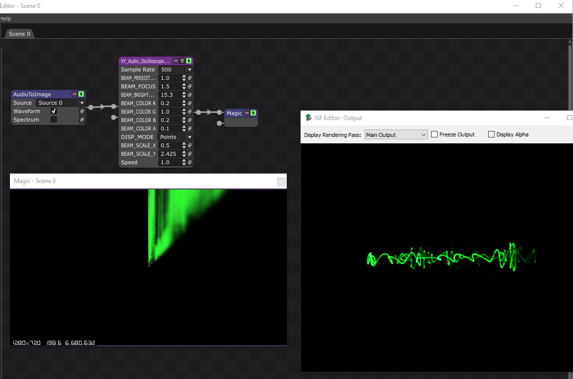 Magic project and display vs ISF editor display. When the shader persistence isn't turned up there's just a vertical line in the Magic window in the +X direction, pulsating with the music.